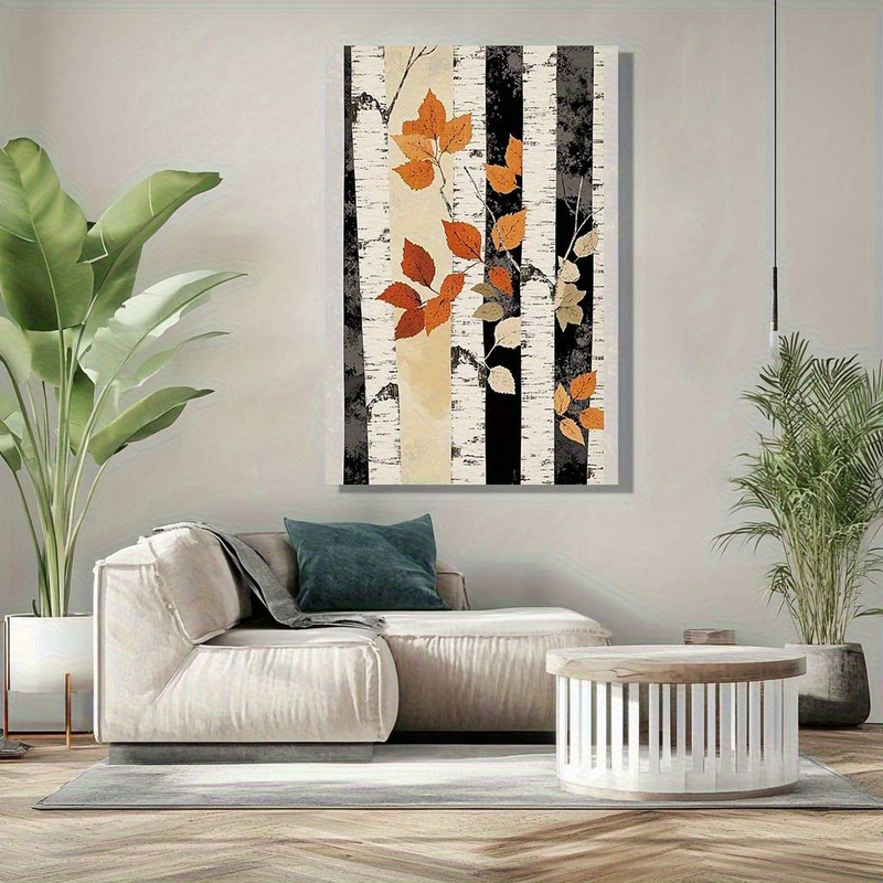 Elegant Autumn Tree Wall Art Canvas Print - Vertical Birch Tree With Orange Leaves & Black-White Stripes,Modern Fall Decor For Living Room, Bedroom_voghion.com