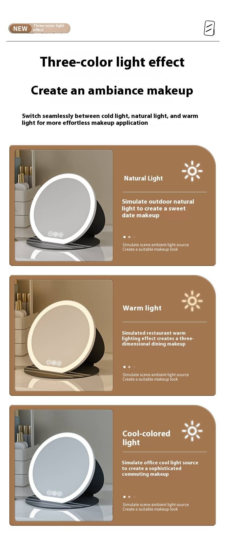 Professioneller LED-Kosmetikspiegel mit Touch-Steuerung und 3-farbiger Beleuchtung – faltbarer Schminkspiegel für Zuhause, Büro und unterwegs_voghion.com