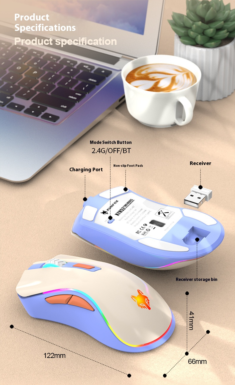 Mouse wireless 2.4G e Bluetooth – 2400 DPI, 6 pulsanti, ricaricabile, clic silenziosi, ergonomico (Starlight/Lake Blue)_voghion.com