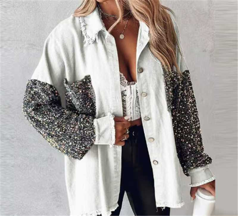 Damenbekleidung Damen Loose Fit Strass-Fransen-Jeanshemd – Langärmlige Freizeitbluse mit Glitzerdetails (Schwarz/Weiß/Pink/Grau, S-XL)_voghion.com