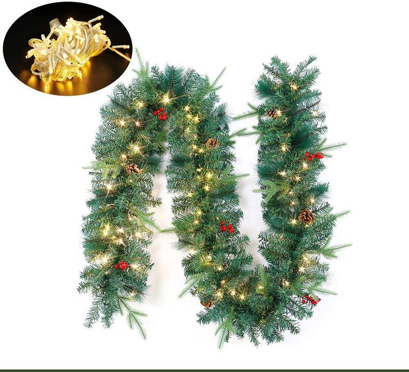 Ghirlanda natalizia in PVC da 2,7 m con bacche rosse e pigne - Vite verde densa per decorazioni natalizie (luci calde opzionali)_voghion.com