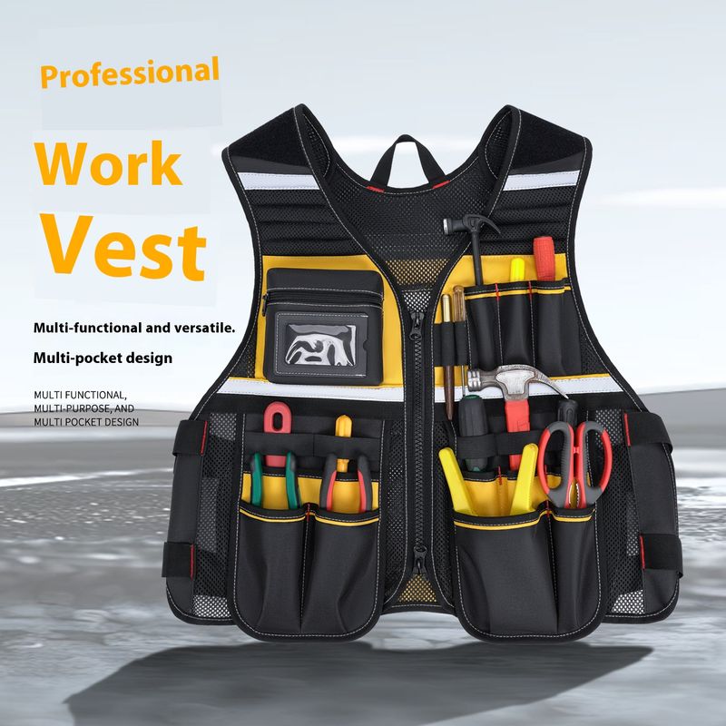 Reflektierende Arbeitsweste mit mehreren Taschen für Herren und Damen zum Angeln, Bauen und für Outdoor-Aktivitäten – strapazierfähiges Oxford-Gewebe mit Reißverschluss_voghion.com