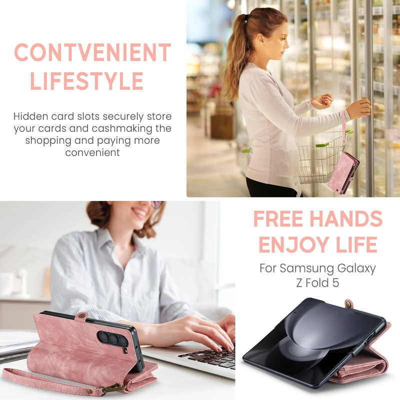 Zipper Pocket Wallet Case For Samsung Galaxy Z Fold 5 With S Pen Holder Vintage Vegan Leather Wrist Strap Magnetic Stand Cover_voghion.com