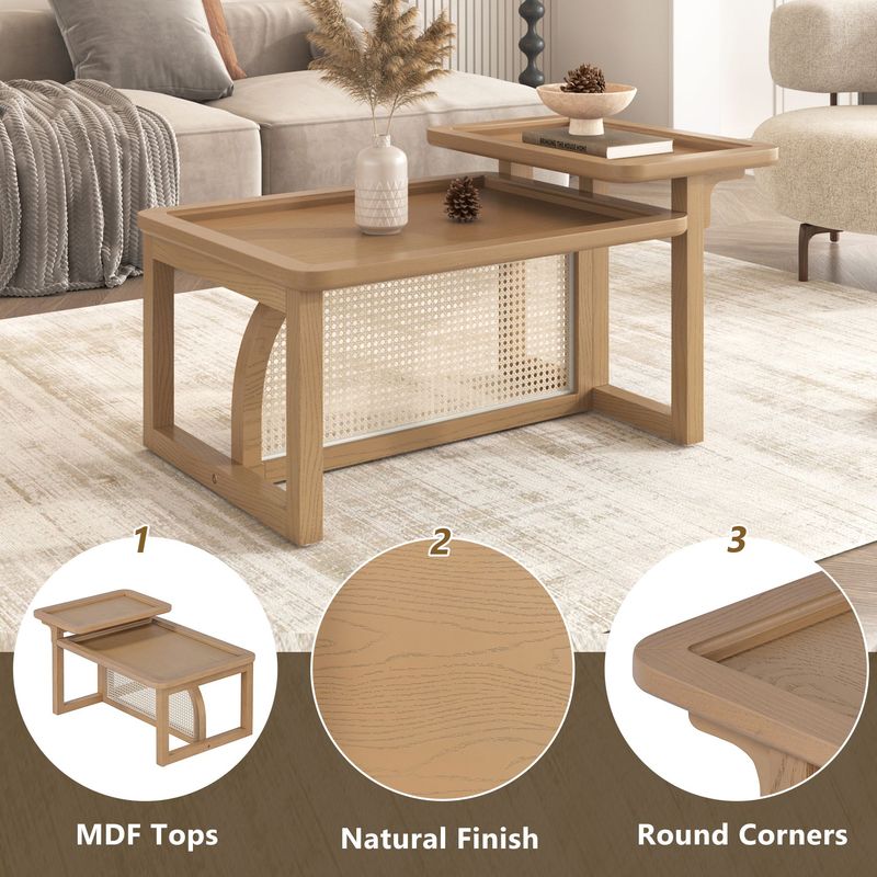 Modern 2 Piece Nesting Rattan Wood+ MDF Coffee Table Set In Natural_voghion.com