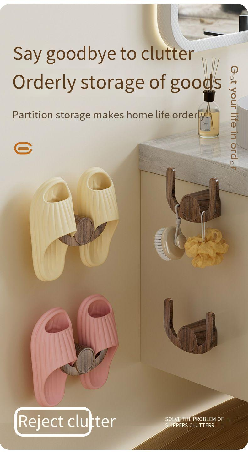 Peach Wood Grain Slipper No-Drill Bathroom Multifunctional Storage Shoe Wall Hanging Rack_voghion.com