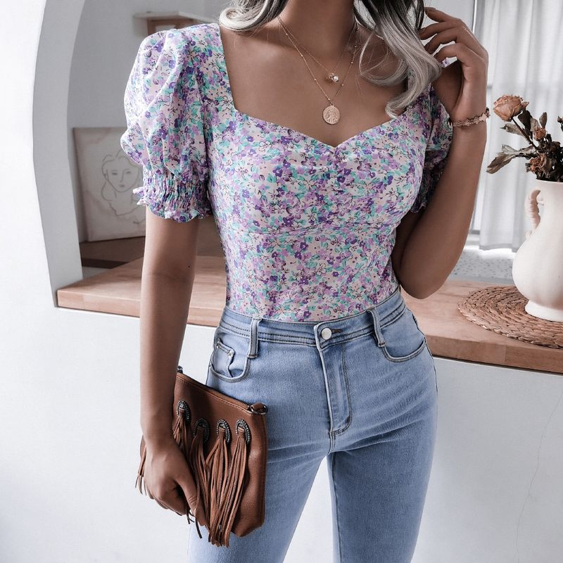 Summer New Casual Lantern Sleeve Square Neck Sexy Fragmented Chiffon Top Women's Wear_voghion.com