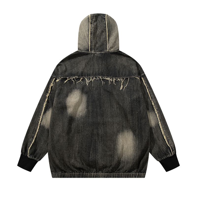 Men's Clothing New High Street Trendy Brand Denim Hoodie Wasteland Style Washed Splicing Hooded Sweatshirt_voghion.com
