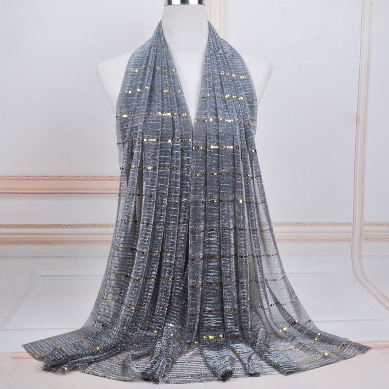 Pañuelo musulmán para la cabeza, con lentejuelas y encaje, para mujer, con moño musulmán, de color liso, de doble propósito, con lentejuelas plateadas a rayas._voghion.com
