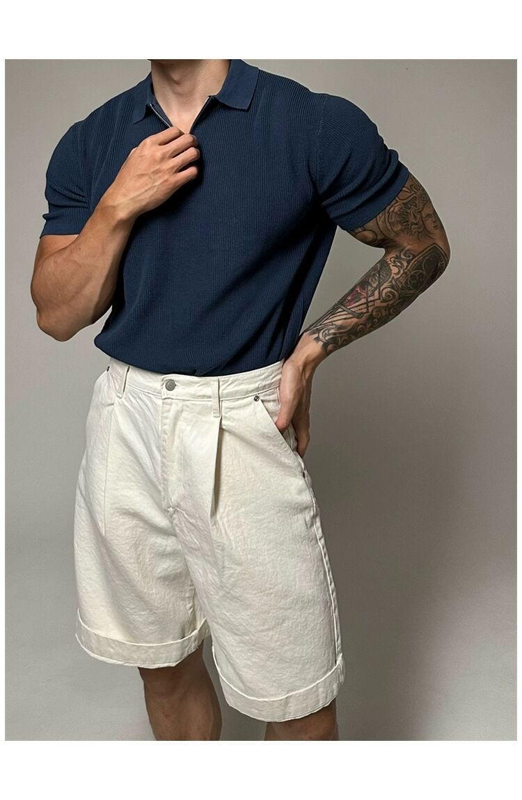 Polo da uomo in maglia con mezza cerniera, felpa a maniche corte tre quarti elasticizzata slim da uomo, maglietta in seta fresca con risvolto e maniche strette_voghion.com