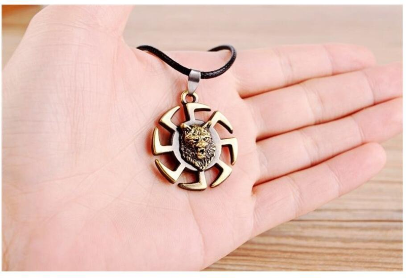 Men Wolf Head Viking Black Rope Pendant Necklaces for Women Steel Wheel Pendant Amulet Metal Jewelry Unisex_voghion.com