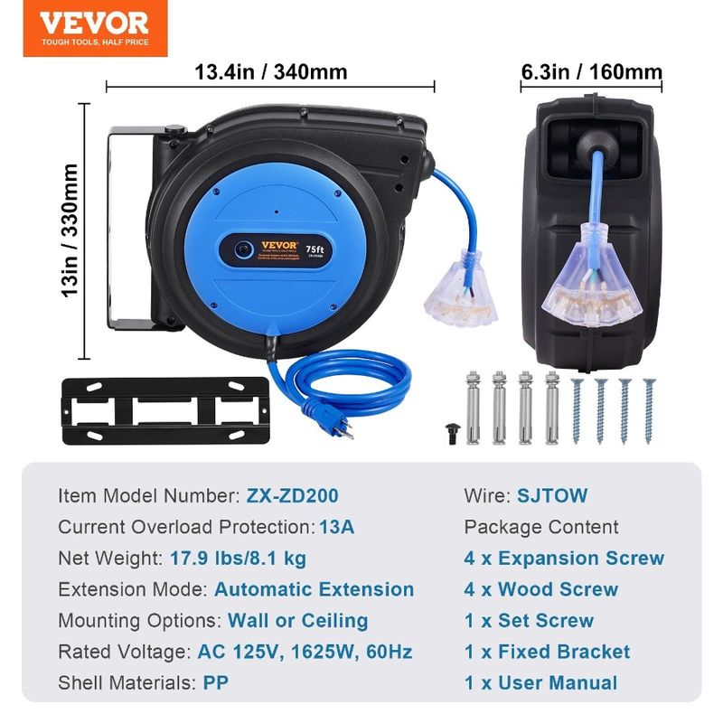 Cord Reel Cord 14AWG Power 3C Retractable 75FT SJTOW Reel Extension_voghion.com