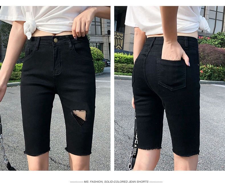 Xia 2024 Nuovi pantaloncini in denim sottile da donna a vita alta neri snellenti elastici attillati 5/4 pantaloni da ciclista_voghion.com