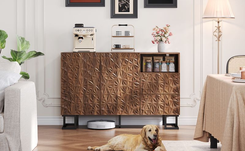 Beistellschrank 120x78,5cm Walnussoptik Mit Blattrelief, 2 Türen & 2 Schubladen_voghion.com