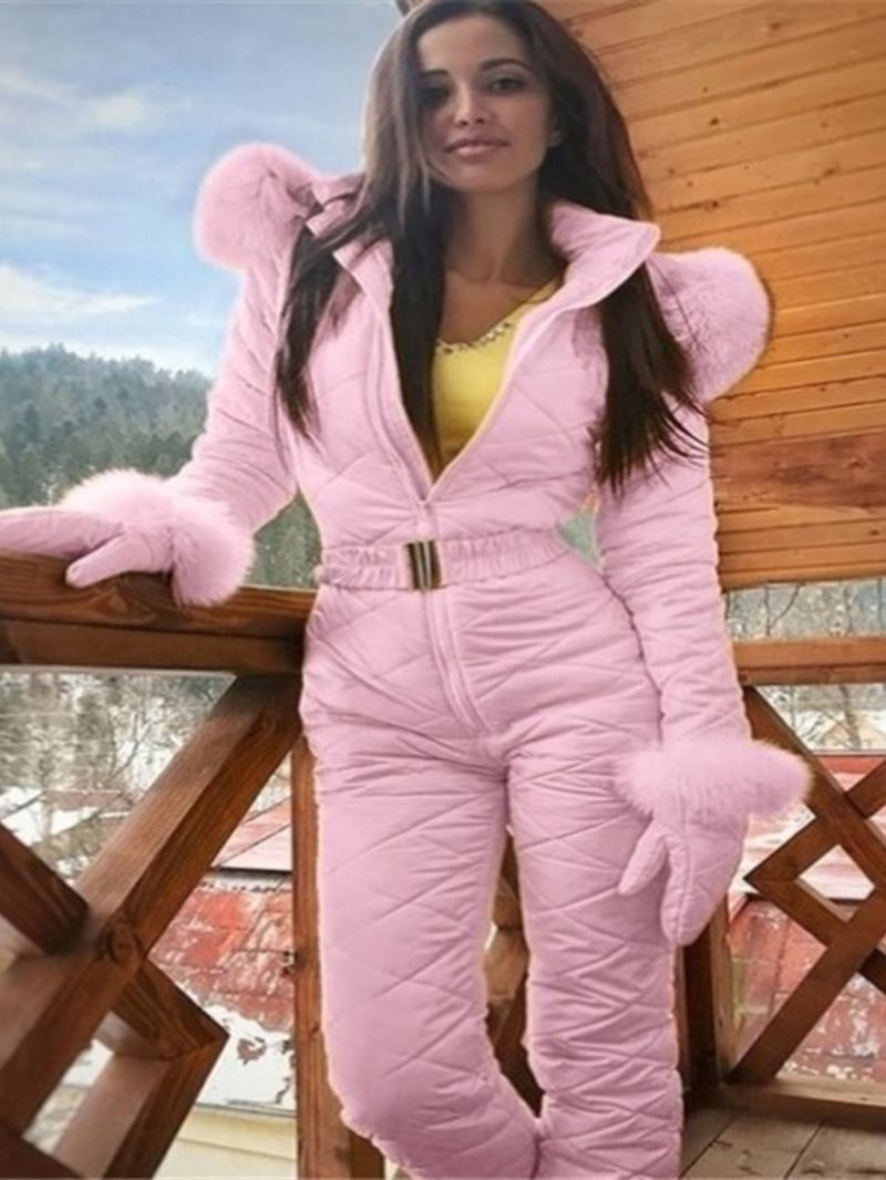 Tuta invernale da donna con cappuccio, calda e adatta agli sport sulla neve, con chiusura frontale con cerniera completa e tasche con cerniera a copertura totale._voghion.com
