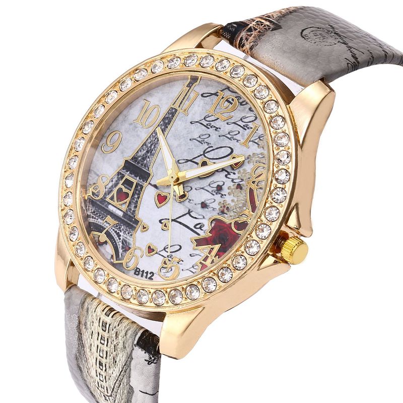 Yamaler Kvinder Eiffeltårnet Rhinestone Læderrem Rund Urskive Analog Quartz Watch_voghion.com