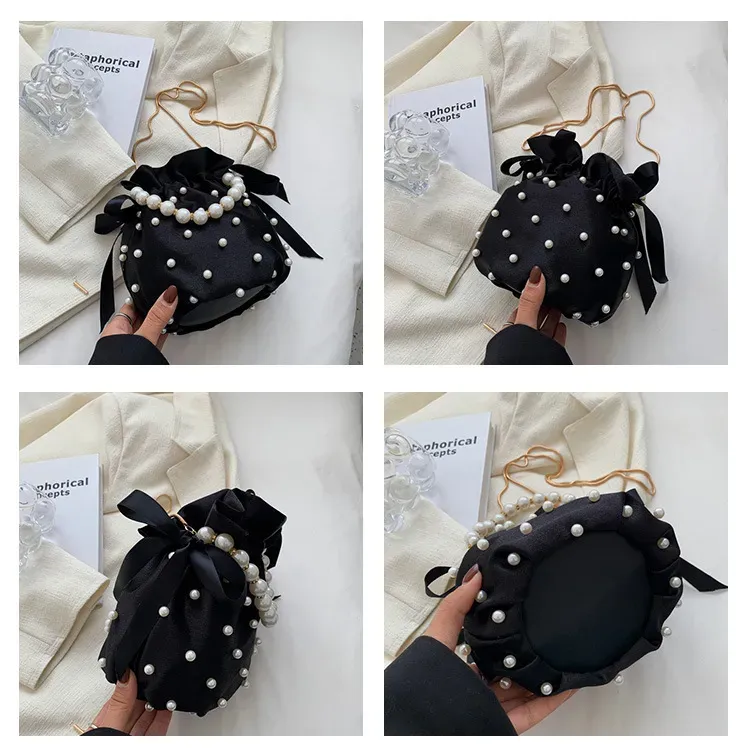 Borse a tracolla di marca per donna Borsa da donna di alta qualità Borsa a tracolla a secchiello femminile in seta imitazione perla nera con perline_voghion.com