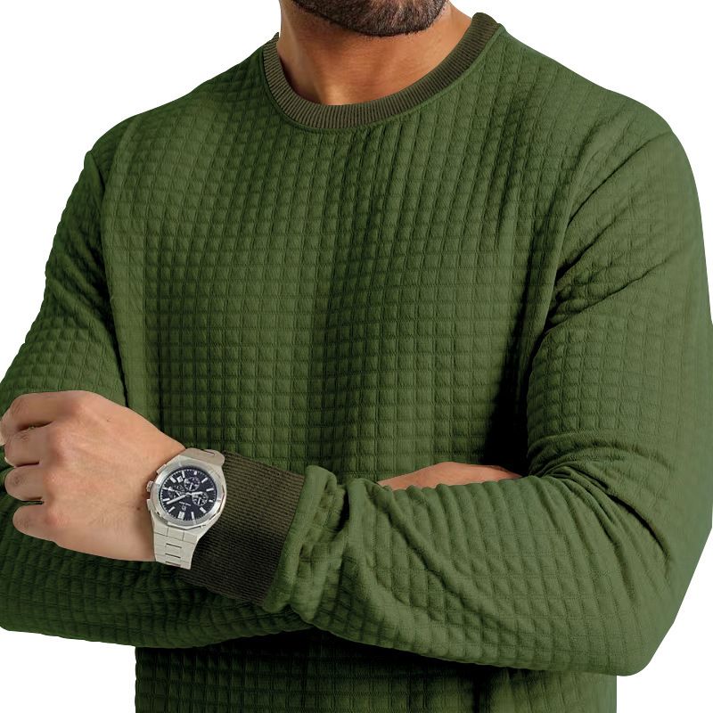 Men's Spring And Autumn Winter Waffle Round Neck Long Sleeved T Shirt Men's Small Square Casual Bottom_voghion.com
