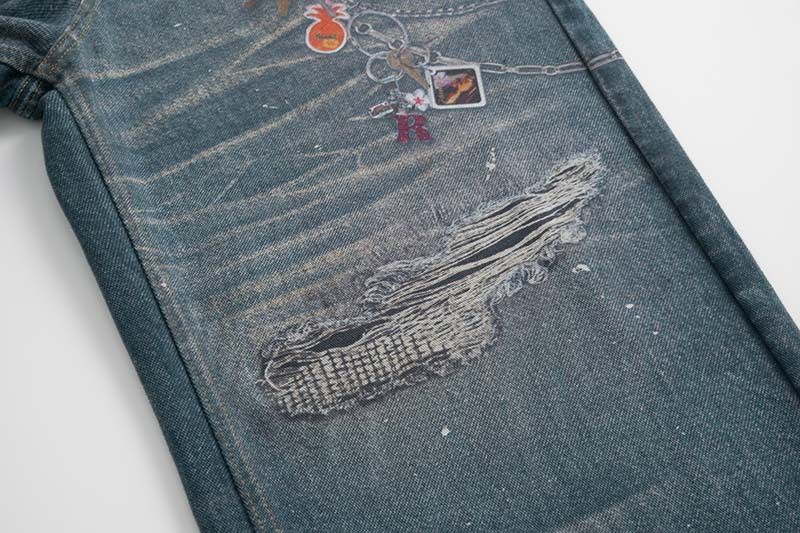 Herrenjeans im Vintage-Kettenprint – Entspannte Baggy-Hose mit geradem Bein und 3D-Details (S-XL, Blau)_voghion.com