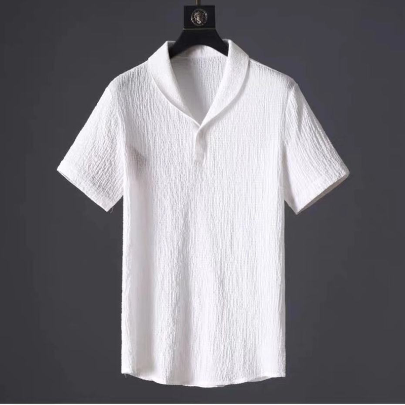 Plissert todelt dress for menn Tynn bomull og lin Kortermet T-skjorte V-hals Hvit fritidsdress_voghion.com