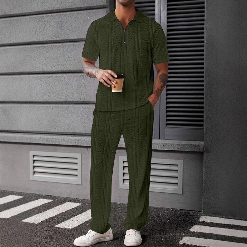 Texture Knitted Polo Shirt Men's Short Sleeved Trousers Suit Two Piece Set_voghion.com