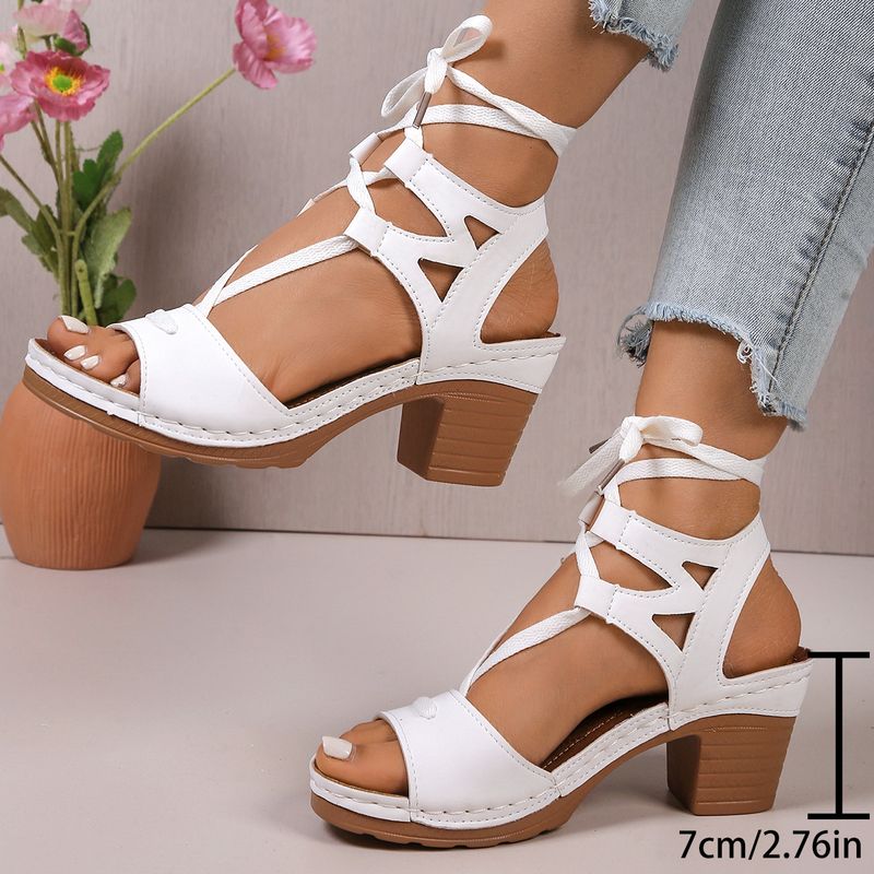 Plus Size Chunky Heel Spring Summer New Hollow Peep Toe Flower Buckle Casual Women's Sandals Strappy_voghion.com
