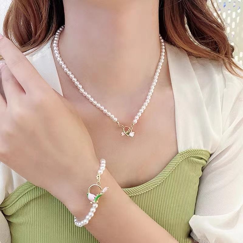 Ensemble de collier et bracelet de perles à boucle OT peinte en tulipe, chaîne de clavicule, design de niche haut de gamme_voghion.com