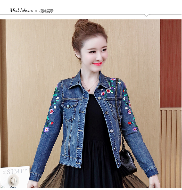Dámský květinový výšivkový krátký denim jack elegantní jednořadý štíhlý džínový kabát jaro podzimní svrchní oblečení základní_voghion.com