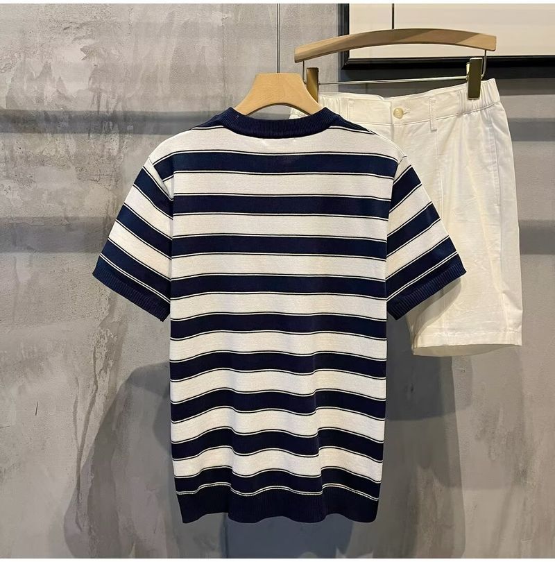 Herrenbekleidung Rundhals-Streifenpullover Herren Kurzarm-T-Shirt Tops Herren 2024 Sommer neues Design lässig vielseitig_voghion.com