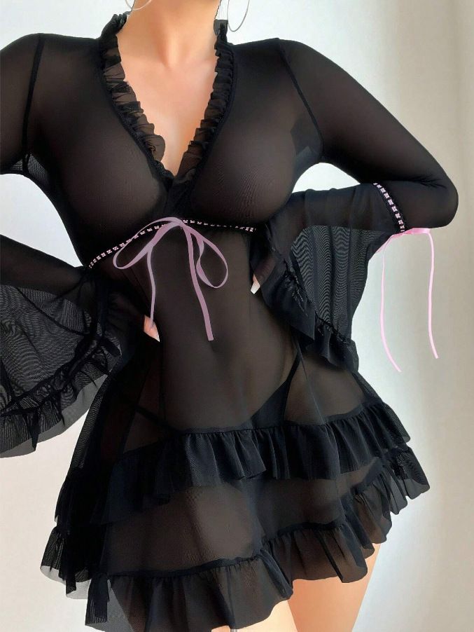 Neues sexy Dessous-Set aus transparentem Netzstoff mit Glockenärmeln und Rüschensaum_voghion.com