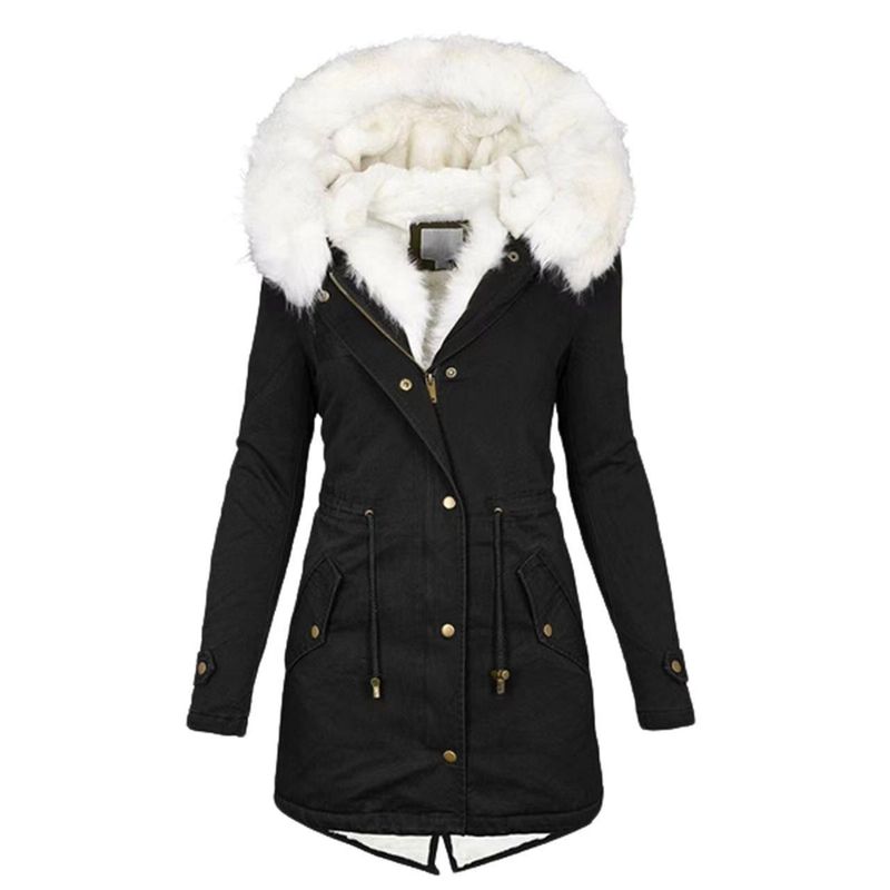 Women's Clothing large size cotton padded jacket with hood fur collar waist slimming thickened and warm mid length cotton coat_voghion.com