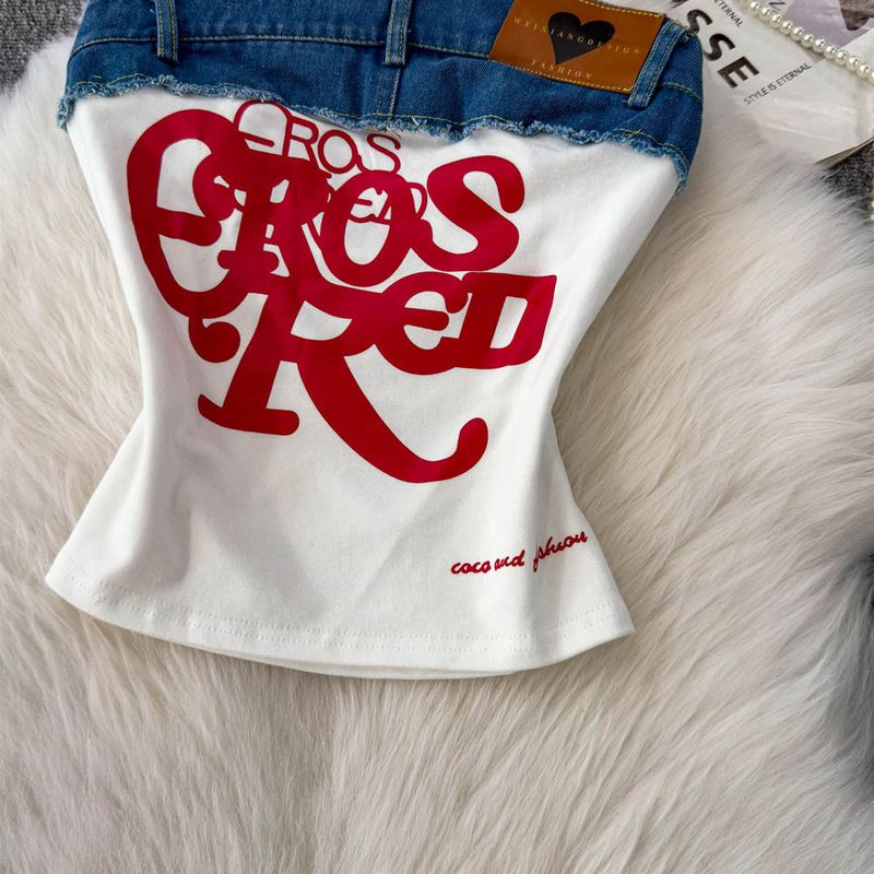 Women's Clothing Retro Hottie Letter Embroidered Tube Top Summer Fashion Denim Stitching Slim Fit Camisole Vest_voghion.com