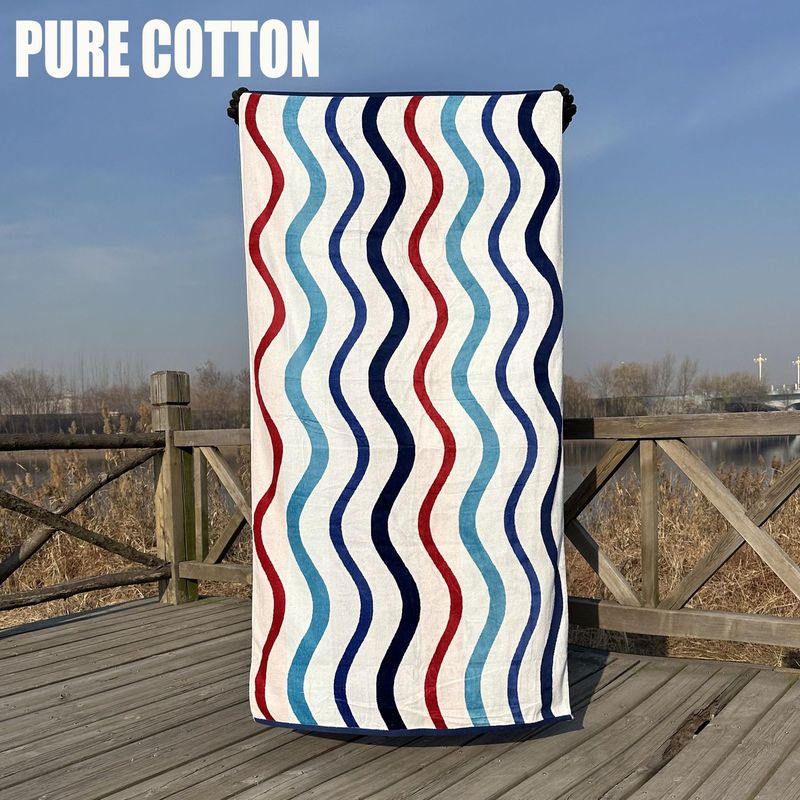 Prosop de plajă din bumbac pur, croială jacquard, catifea cu dungi, prosop de baie pentru adulți, mare, prosop de plajă_voghion.com