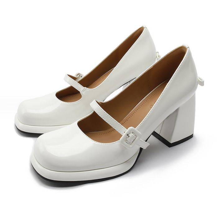 Leg-Lengthening French Mary Jane Shoes Soft New New Square Toe One-Strap Patent Leather Chunky Heel High Heels_voghion.com