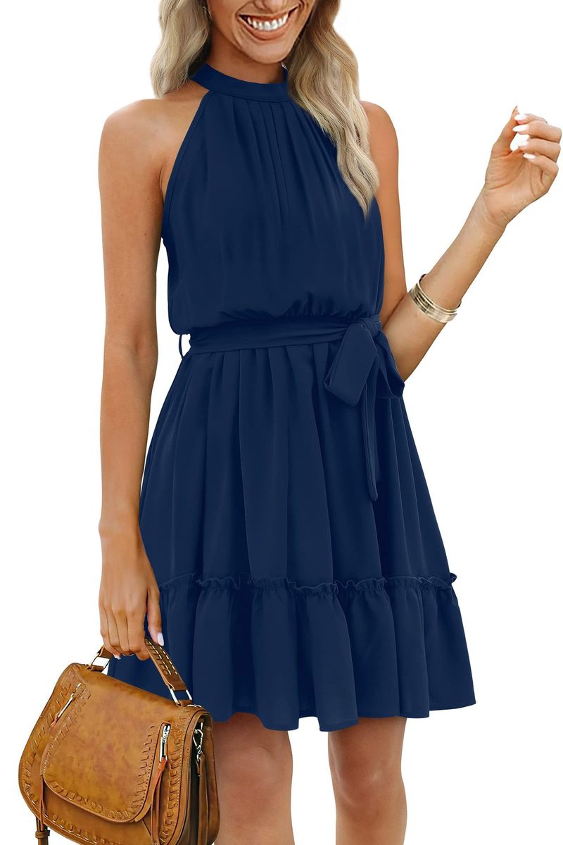 2023 Frühling und Sommer, A-Linien-Rock, Neckholder, florales Schnür-Tunika-Kleid mit offenem Rücken_voghion.com