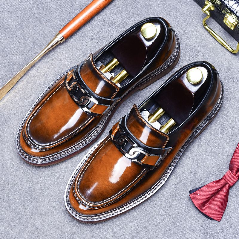 Euro Step 【Großer Ausverkauf】 Herren Loafer mit runder Zehenpartie und dicker Sohle, echtes Leder, polierte Farbe, formelle britische Freizeitschuhe_voghion.com