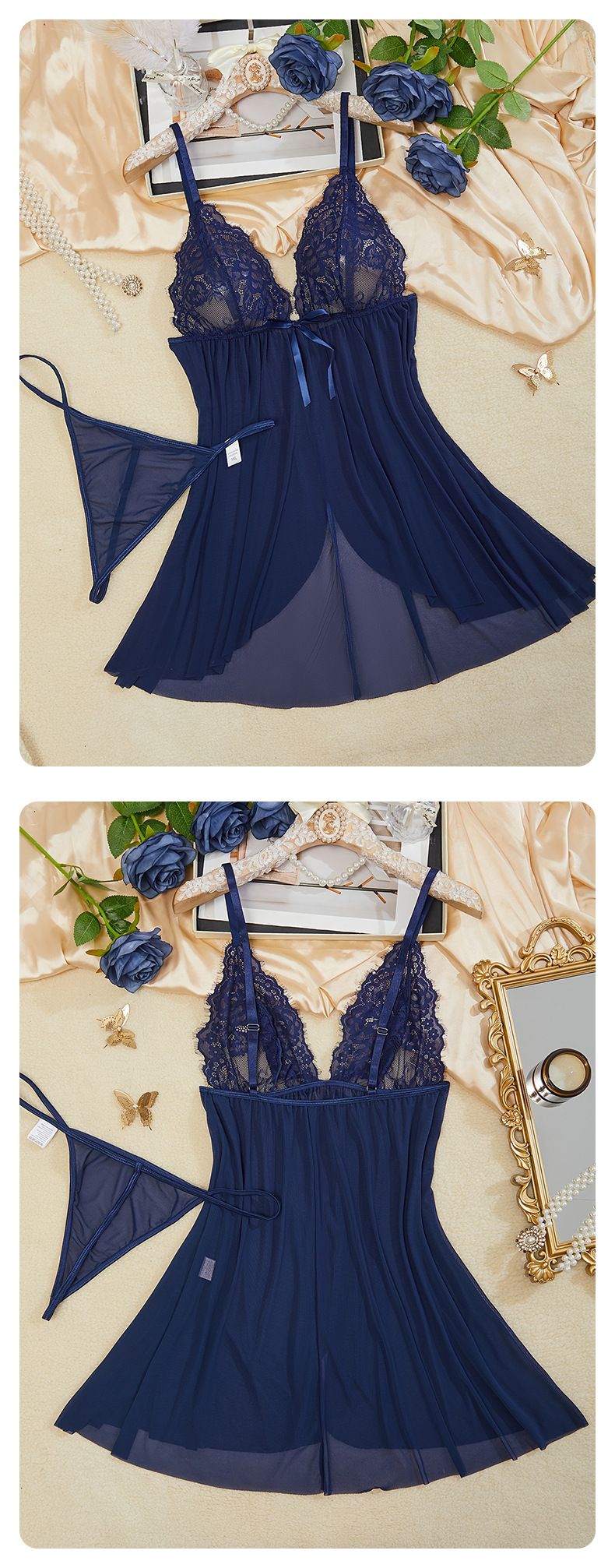 Women's Intimates Large Size Sexy Lingerie Nightdress Lace Temptation Mesh Hollow Backless Suspender Skirt Thong Two_voghion.com