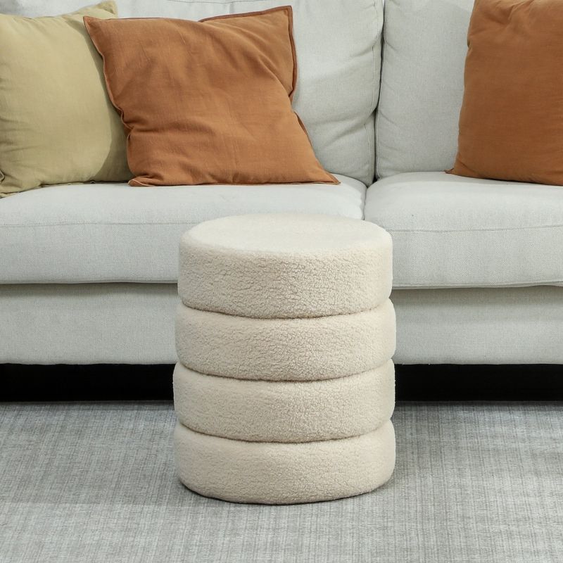 Runder Sitzhocker Aus Teddyfleece, Belastbar Bis 120 Kg, Ø40x45 Cm, Beige_voghion.com