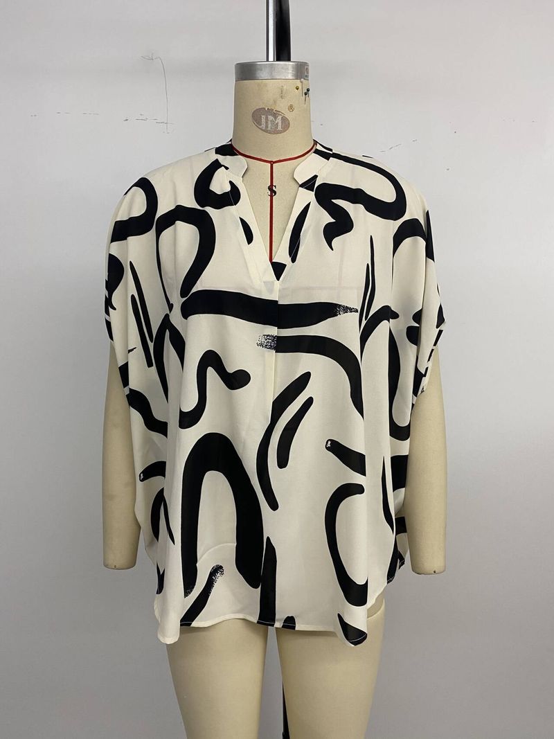 2025 neue Sommer Lose Top Persönlichkeit Kurzarm V-ausschnitt Abstrakte Print Shirt Für Frauen_voghion.com