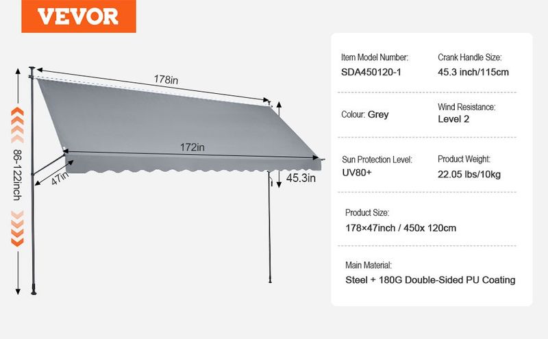 VEVOR 178x47" Patio Awning Retractable Awning Sunshade Shelter With Crank Handle_voghion.com