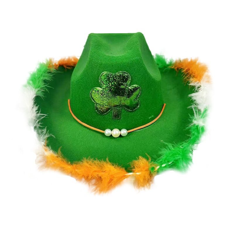 Cappello da cowboy in flanella verde per il giorno di San Patrizio Cappello da cowboy in flanella con trifoglio irlandese Occhiali Set sciarpa quadrata_voghion.com