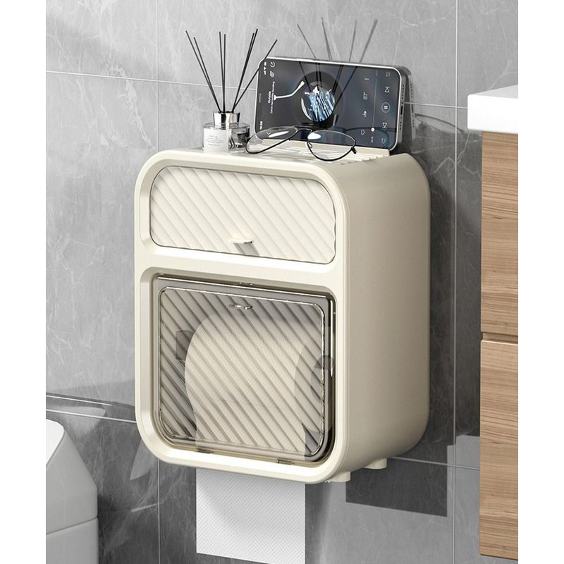 Cream Style Bathroom Box Light Luxury No-Drill Double-Layer Wall-Mounted Storage Rack For Toilet Paper And Facial Tissue_voghion.com