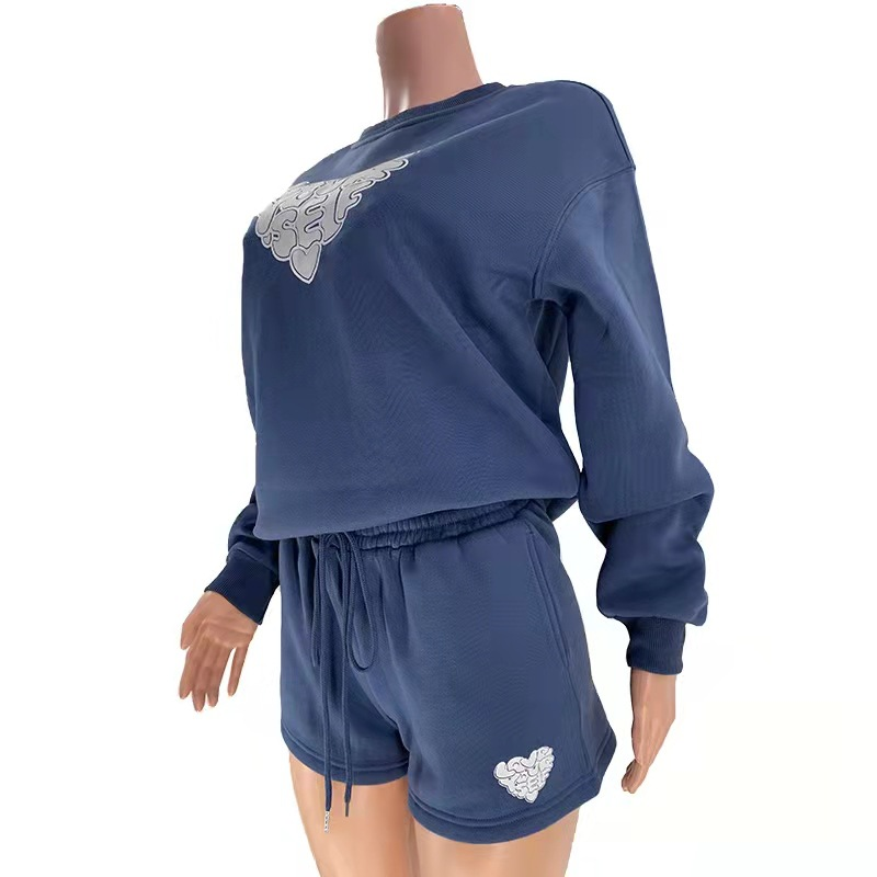 Women's fashion casual printed shorts two-piece set plus fleece long-sleeved hoodie set_voghion.com
