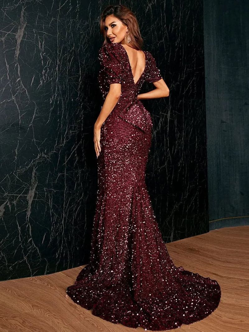 Damen Neues, modisches Abendkleid mit V-Ausschnitt, Hüftgurt, Pailletten, mittelhoher Taille und Puffärmeln sowie langem Temperament_voghion.com