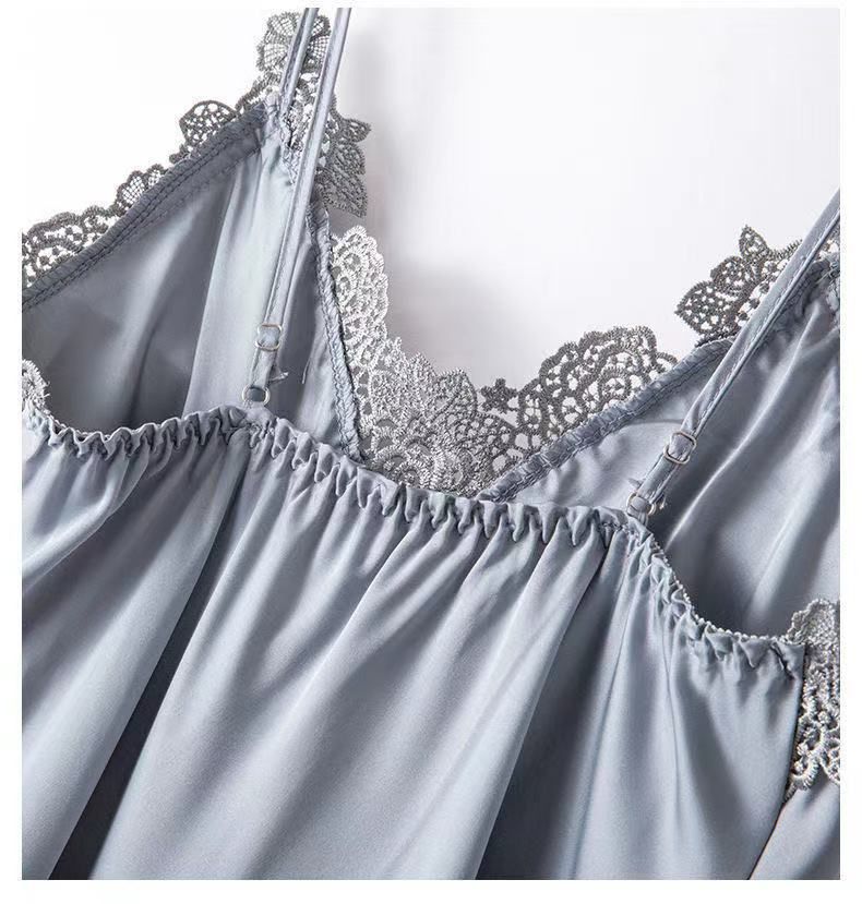 Underwear Pajamas Women Summer Ice Silk Sexy Suspenders Nightdress With Chest Pads Simulation Silk Satin Nightgown Five Piece Suit Home Clothes_voghion.com