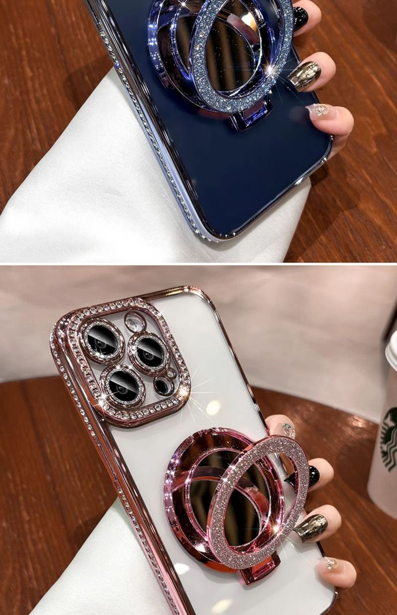 Capa de telefone com suporte de espelho de alta qualidade e glitter e strass para iPhone 15 14 11 12 13 16 Pro Max 15 Plus, capa protetora magnética transparente_voghion.com