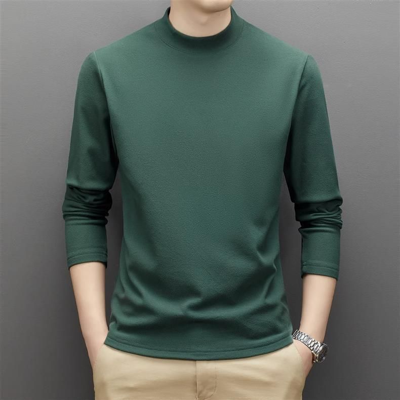 Men's Double-Layer Thermal Long Sleeve T-Shirt With Semi-Turtle Neck, Fleece-Lined For Winter Warmth, Stylish Base Layer In Black, Coffee, Dark Grey,_voghion.com