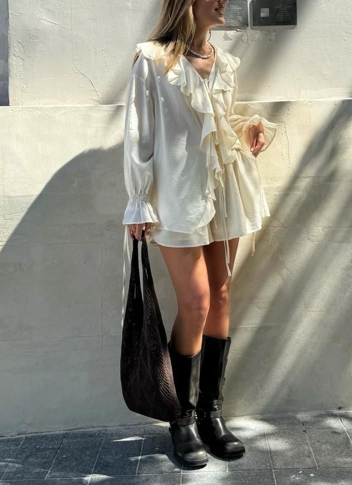 Damenbekleidung Lose Rüschen Top Shorts Anzug_voghion.com