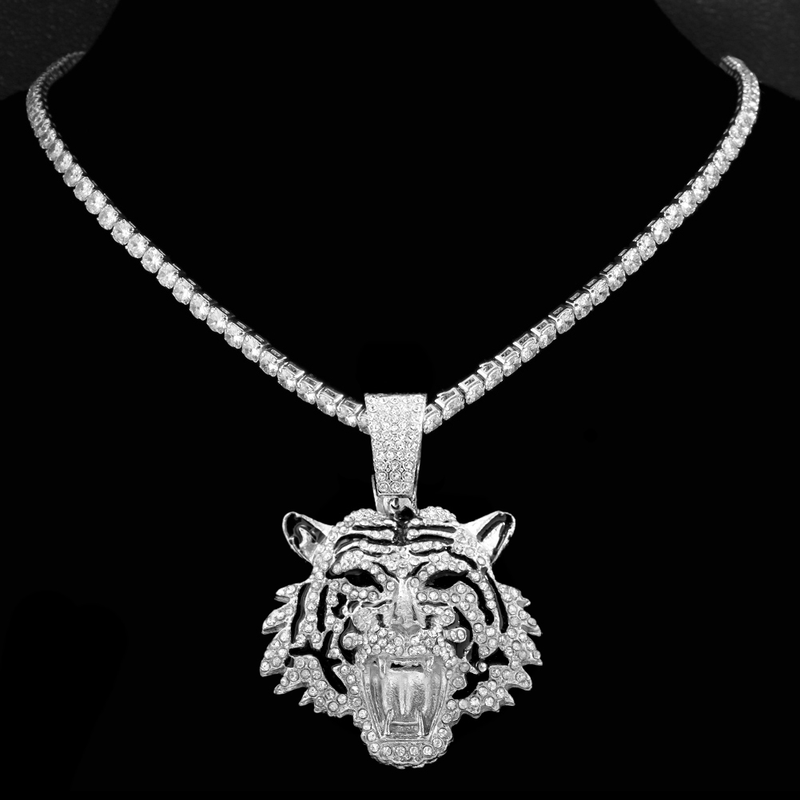 Hip Hop Iced Out Cuban Link Chains For Men Tiger Pendant Necklace Bling Crystal Cuban CZ Stainless Steel Chain Necklaces_voghion.com