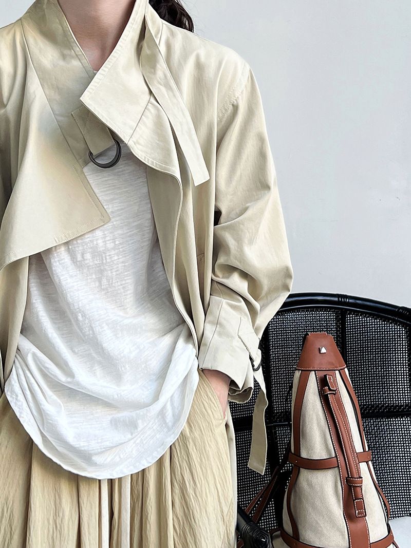 Elegant British-Style Long Trench Coat For Women – Minimalist & Luxurious Knee-Length Overcoat With Adjustable Belt, Pure Cotton, Black & Light Beige_voghion.com