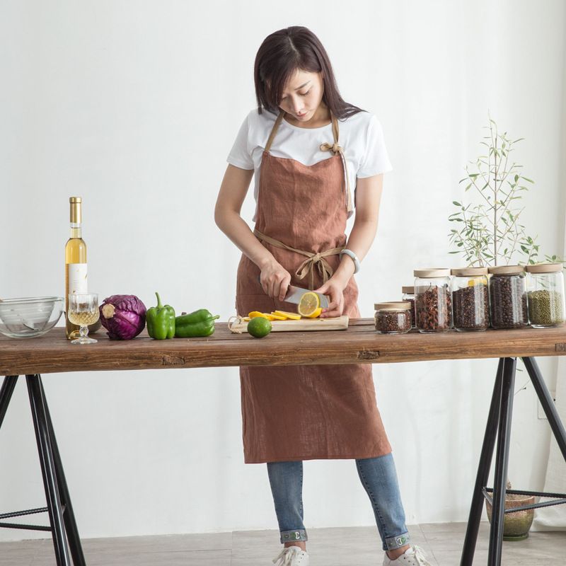 High-end Nordic Simple Cotton And Linen Color Matching Lace-up Kitchen Home Coffee Shop Bakery Uniform Apron_voghion.com
